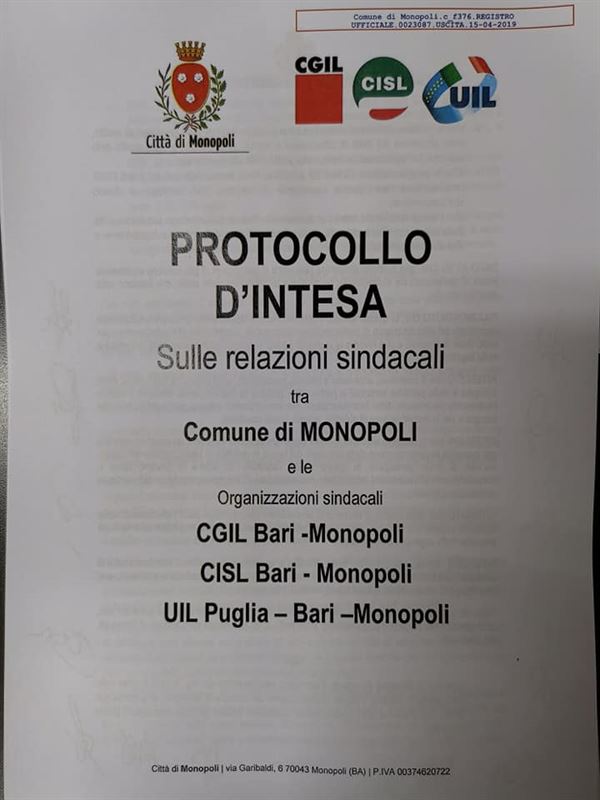 FIRMA DEL PROTOCOLLO D'INTESA A MONOPOLI SULLE RELAZIONI SINDACALI