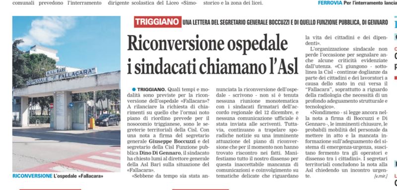 Il segretario Generale Boccuzzi scrive alla ASL BA sul riconversione dell'ospedale di Triggiano
