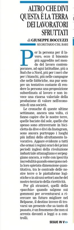 Intervento del Segretario Generale Giuseppe Boccuzzi su La Gazzetta del Mezzogiorno