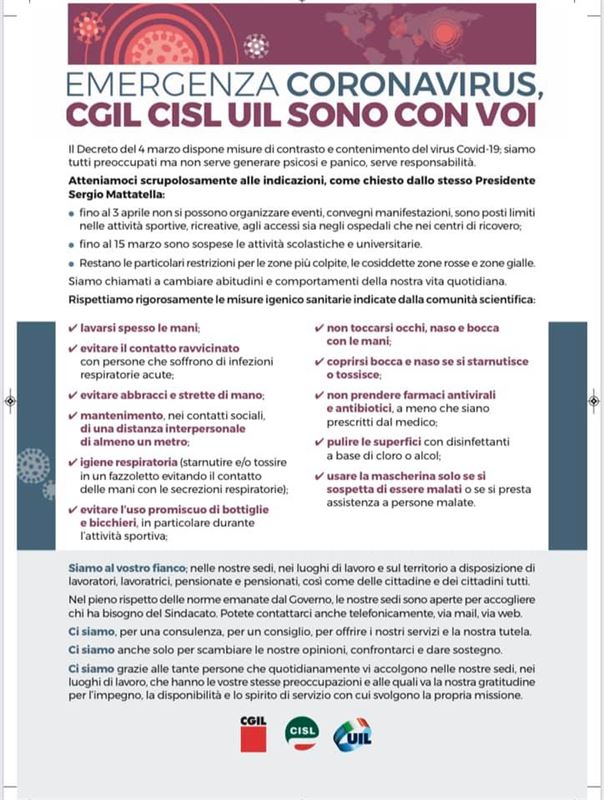 COVID19 SINDACATI VICINI AI BISOGNI DEI CITTADINI