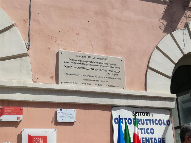 BARI: APPOSIZIONE TARGA IN RICORDO DEI 50 ANNI NASCITA STATUTO LAVORATORI